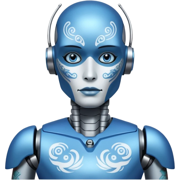 blue Tatooed robot, big many tatooes on chest, neck and face, white tatoo on face emoji