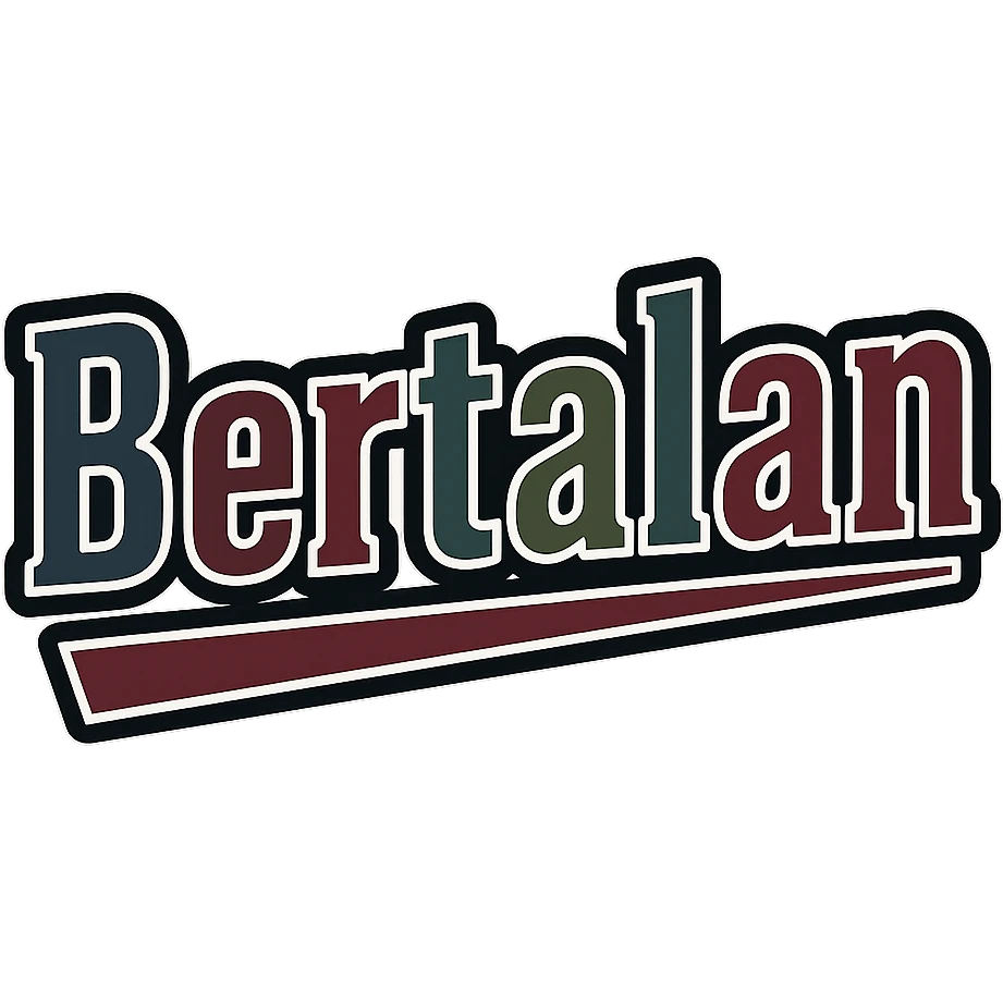 Text image of the name 'Bertalan' in a masculine, modern, gradient font with precise Hungarian characters, dark contour, extra thick, prominent white letter outline as in reference images, dynamic slanted underline, masculine color shades including blue, gray, burgundy, green, and brown, 1000x1000 px, PNG, transparent background. emoji