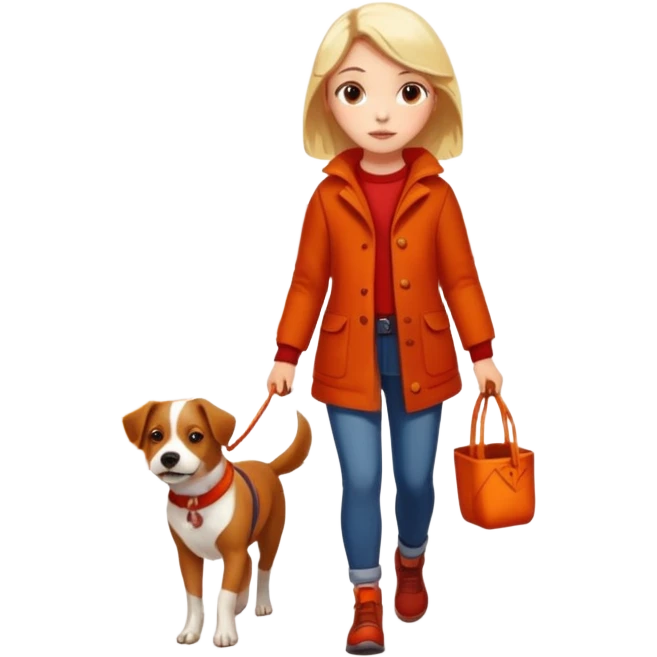 Girl walking her dog autumn scenery emoji