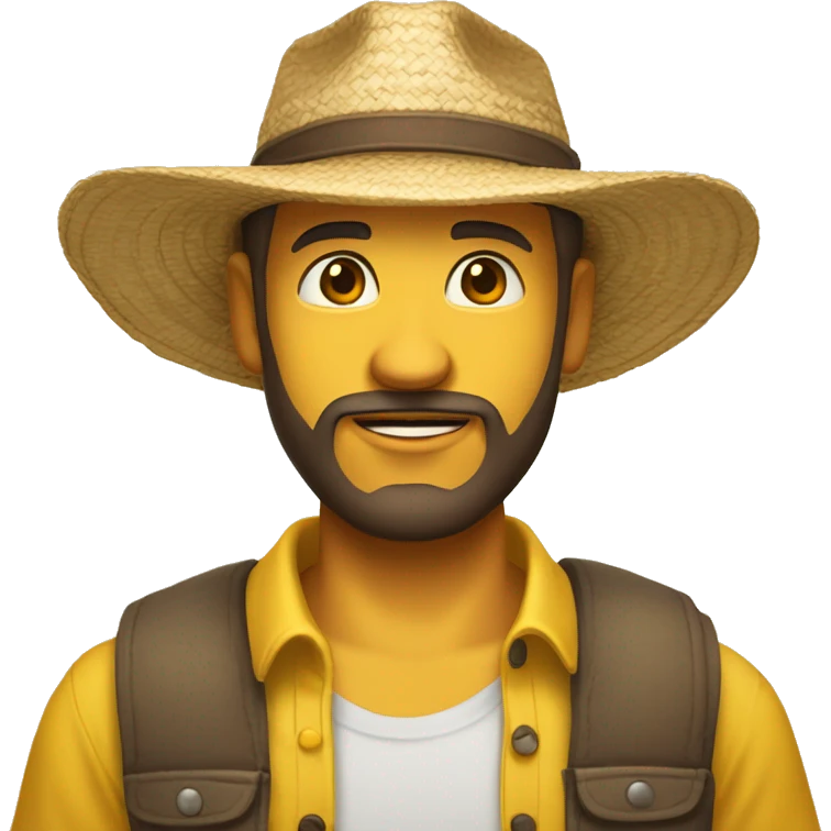man with brown beard, light skin, big eye brows, wearing a straw hat and a yellow t-shirt emoji
