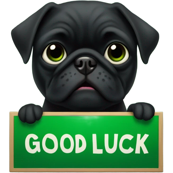 Black pug holding a green sign that says good luck  emoji
