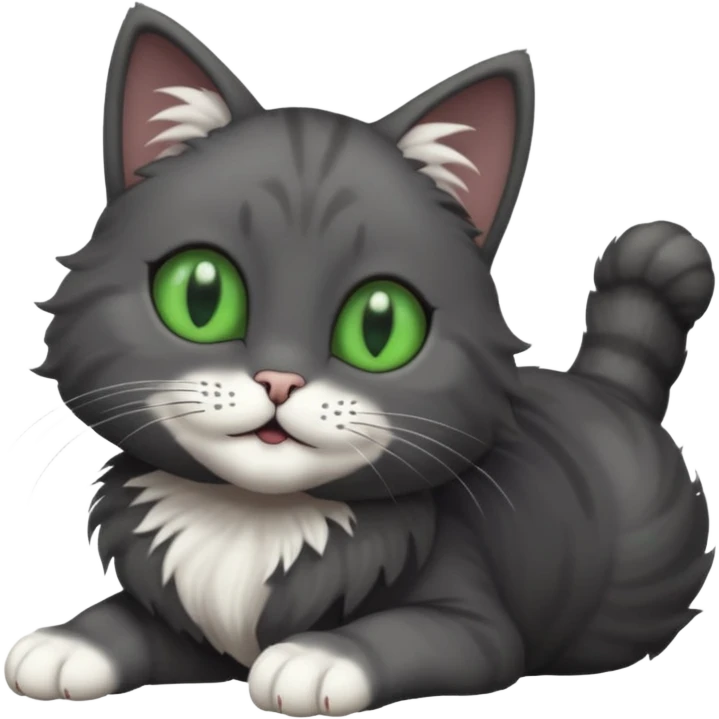 solid dark grey cat with green eyes, fully grey face, white toes/paws playfully rolling upside down emoji