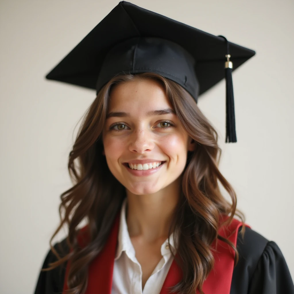 girl with long brown hair smiling wearing graduation hat and robe, semi-realistic style emoji