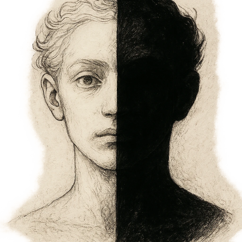 a two-faced person, half light and half shadow, surreal artistic style emoji