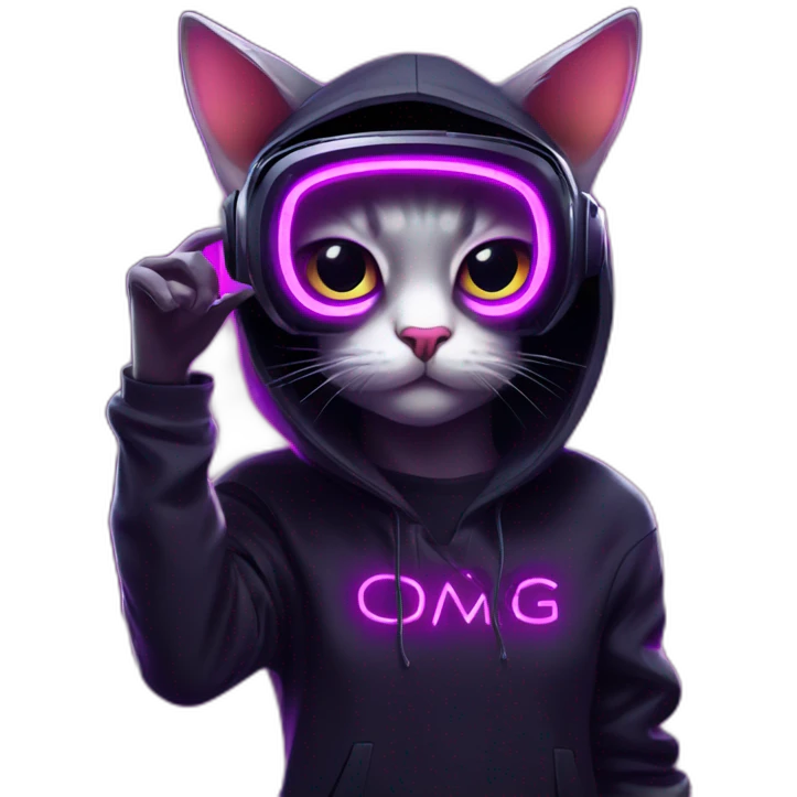 cat wearing a black hoodie with "OMG" letters on it and VR headset in a cyberpunk VR environment with violet neon lighting. emoji