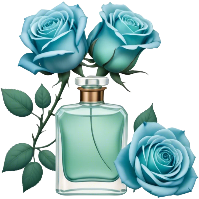 Aesthetic composition of soft blue roses with a vintage-style green  perfume bottle.
 emoji