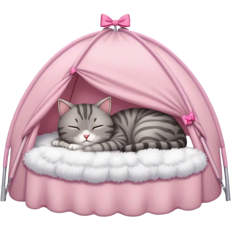Grey tabby sleeping on a light pink tent with a bow on it emoji