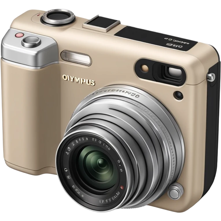 Minimalist Olympus Superzoom 70G camera from side angle, grayish-beige color, simplified profile showing characteristic silhouette with very few details emoji