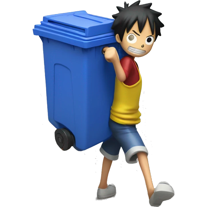 Luffy from one piece taking out his recycling bin, which has a blue body and yellow lid. He is dragging the bin outside emoji