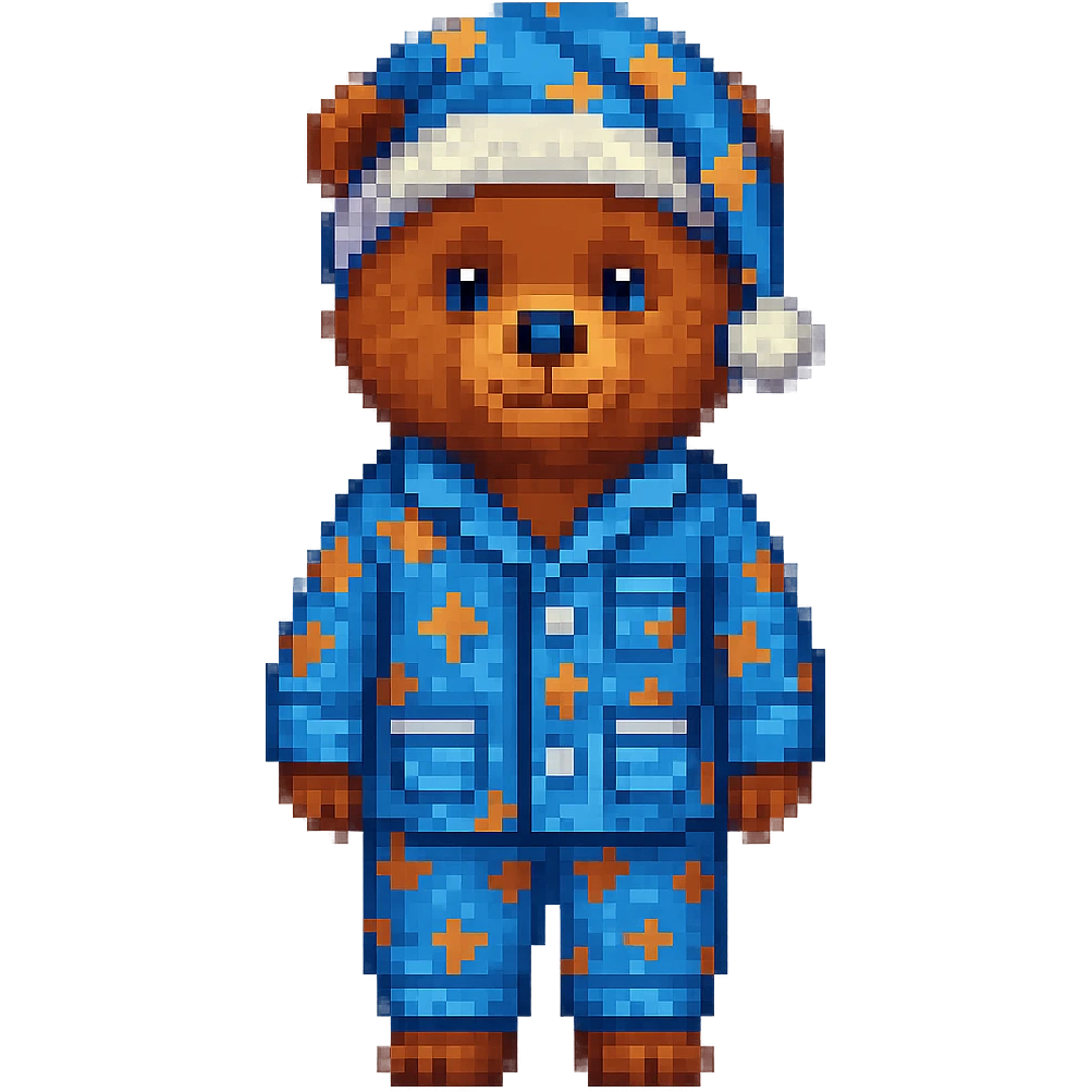 Add a nightcap to the bear in blue pajamas in pixel art style. The style should resemble pixel art with clear pixelated details and colors. emoji