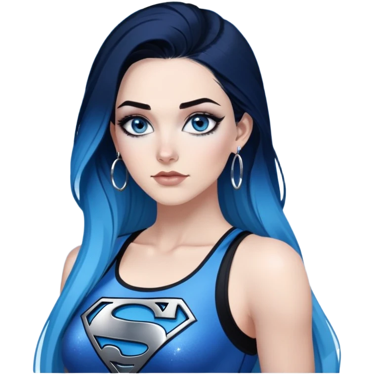 Back up-very very large chest-gorgeous face-black leggings-very long straight dark blue to light blue ombre hair-and-blue eyes-a lot of black eyeliner-thick long eyelashes-sky blue low cut tanktop with glitter superman logo-silver hoop earrings emoji