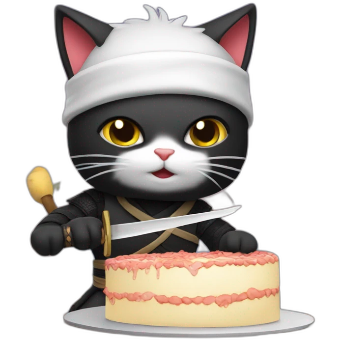 Ninja cat cuts a cake with a katana emoji