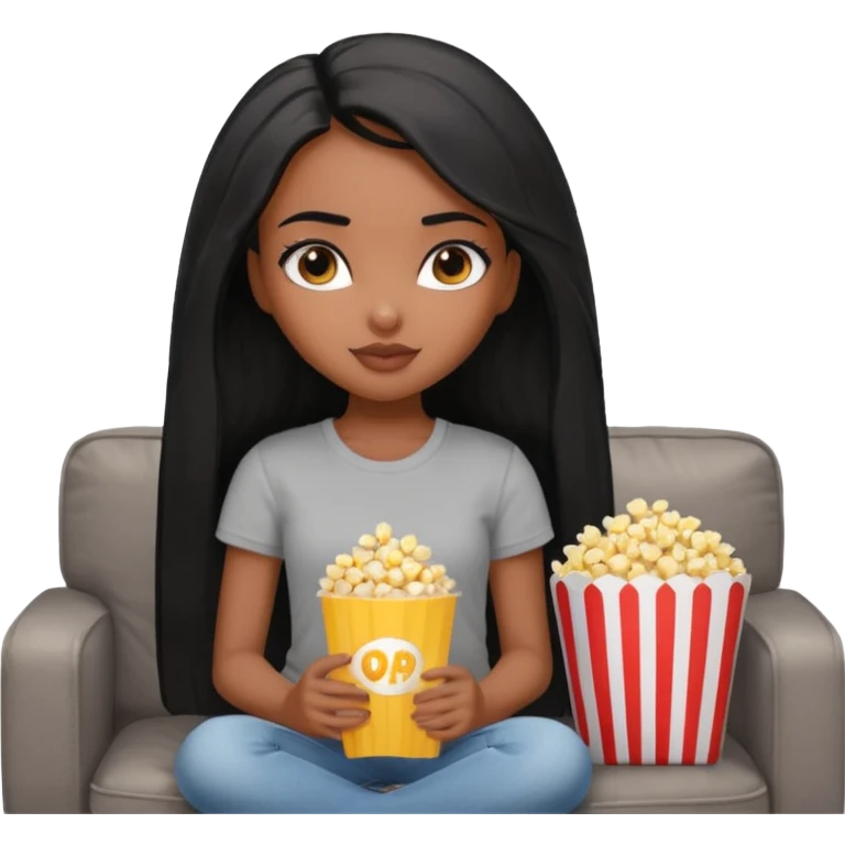 a pretty bratz dusky girl with long straight hair on a couch with popcorn nd wearing a grey tshirt emoji