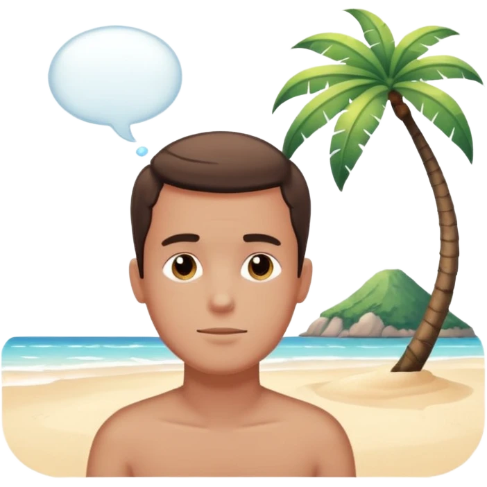 a guy with a relaxed face, thought bubble showing a tropical beach, dreamy atmosphere emoji
