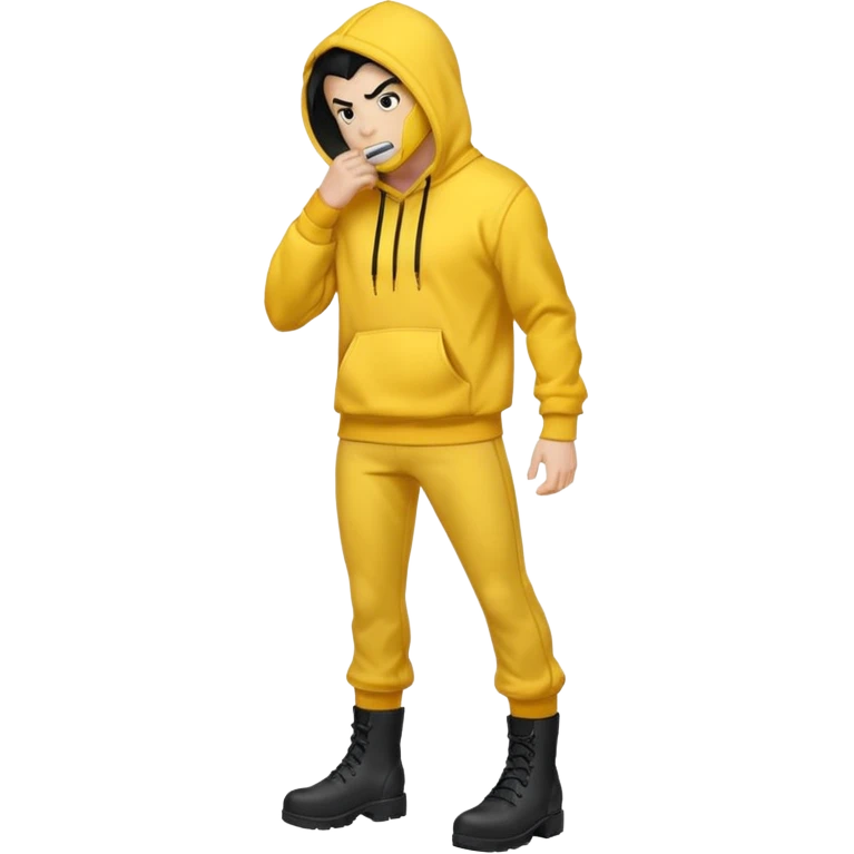 Invincible from the show invincible but whering a yellow hoodie and the mouth covered whering black pants and black boots emoji