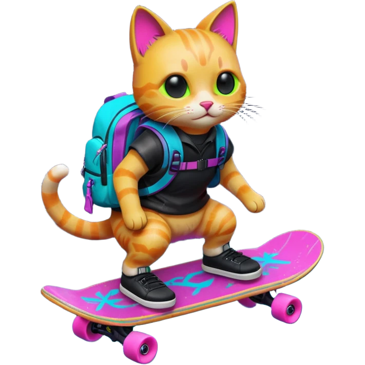 A neon-lit cyberpunk adorable cat riding a floating black and neon glowing skateboard, wearing a bold bright neon backpack through a rain-cinematic lighting, 8K emoji
