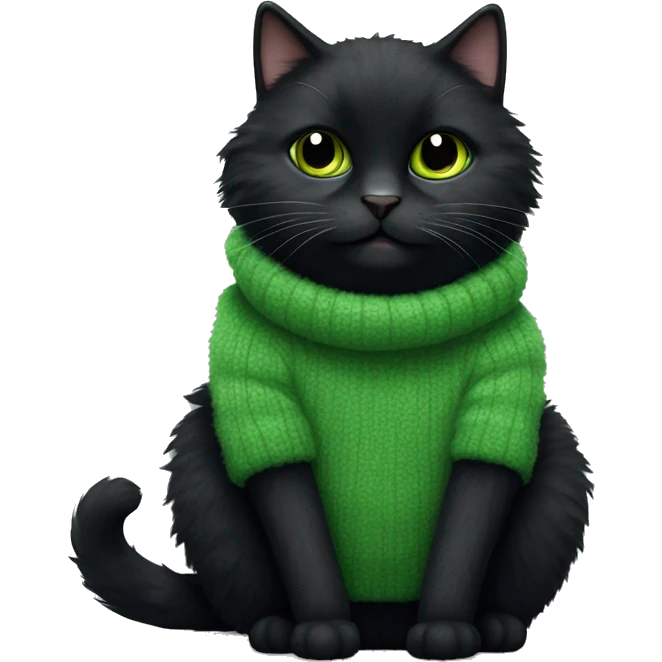 black fluffy cat sitting full length in green fluffy sweater emoji