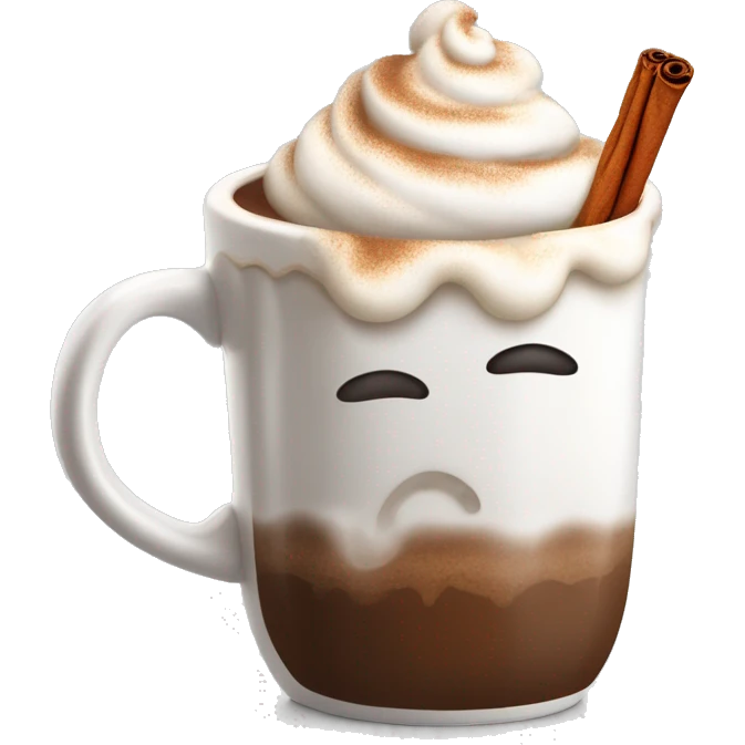 “A white mug of hot chocolate with whipped cream, a cinnamon stick, and steam rising.” emoji