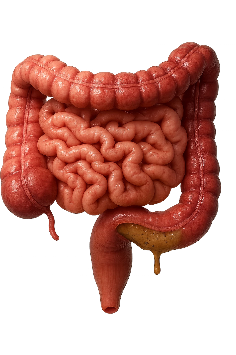 intestino anatomico umano affetto da gastroenterite, diarrea liquida nel colon ben visibile, iperrealistico 4k emoji