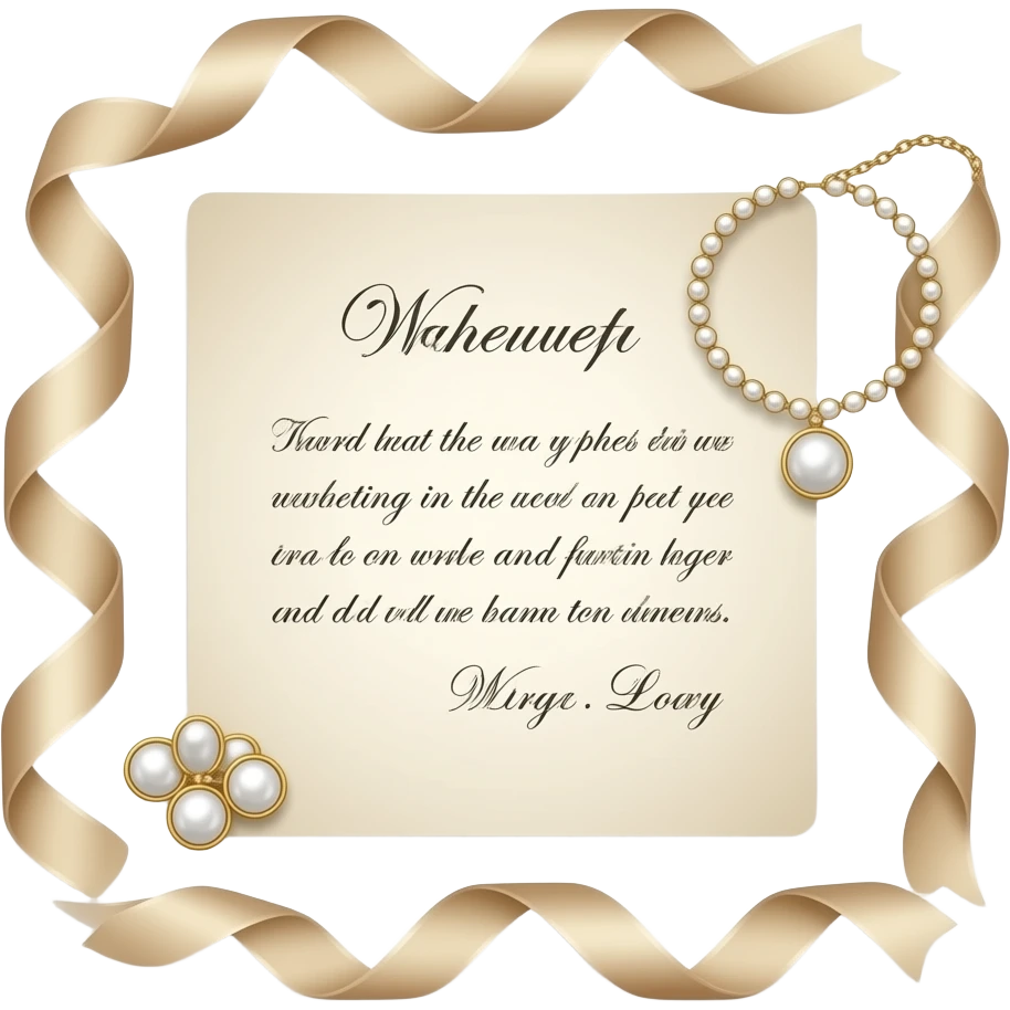 Elegant wedding flat lay with silk ribbons, pearl jewelry, handwritten vows, soft neutral palette, natural light, minimalistic luxury aesthetic emoji