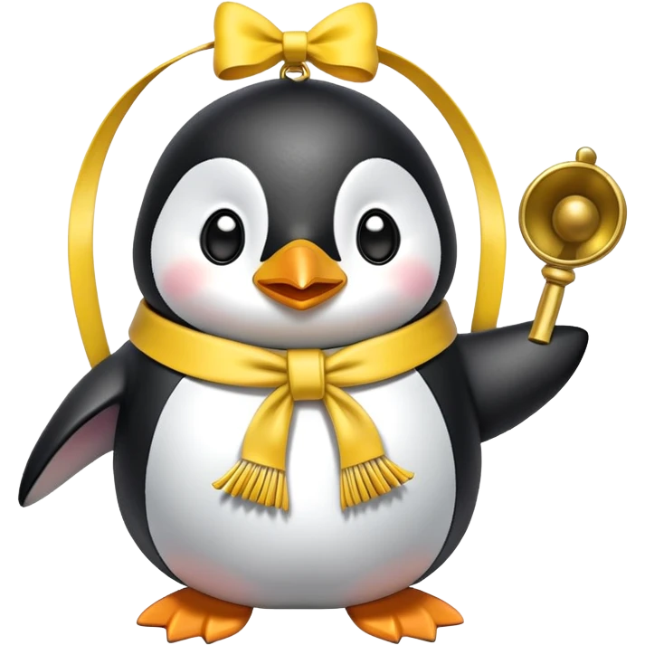 Penguin wearing yellow ribbon ringing a bell emoji