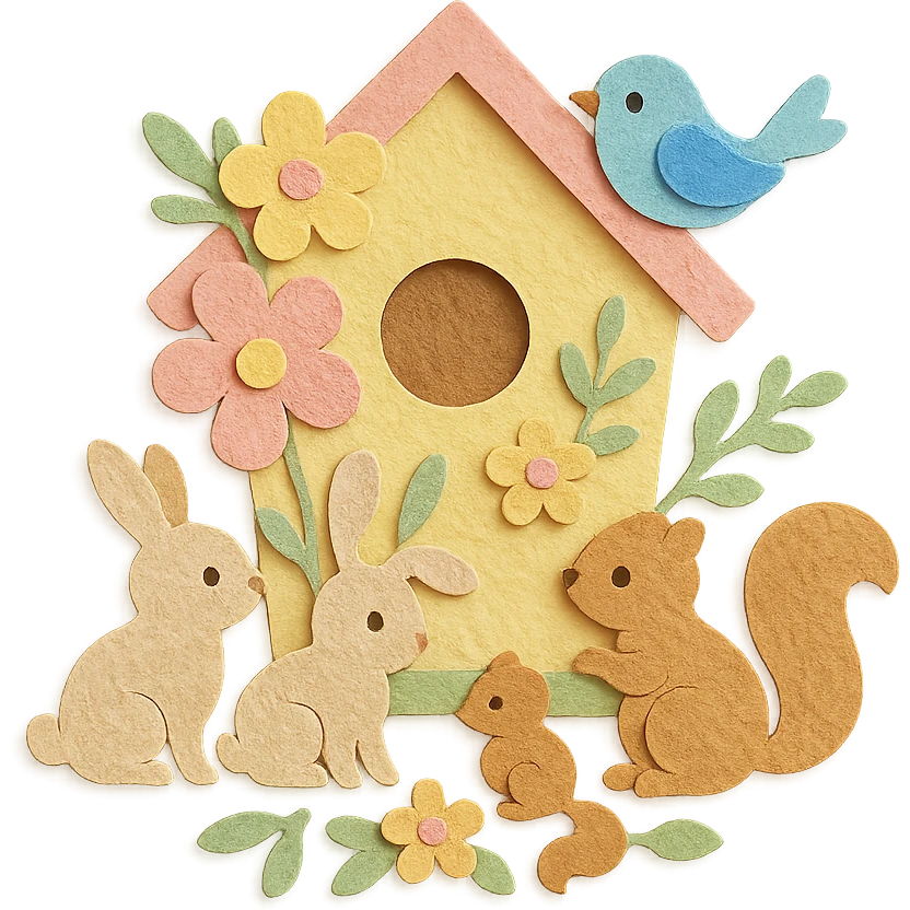 birdhouse with flowers and forest creatures including bunnies, birds, and squirrels, soft pastel colors, transparent background emoji