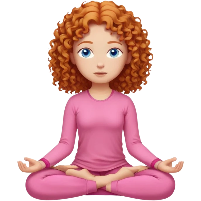 Girl with ginger curly hair and blue eyes in pink clothes meditating  emoji