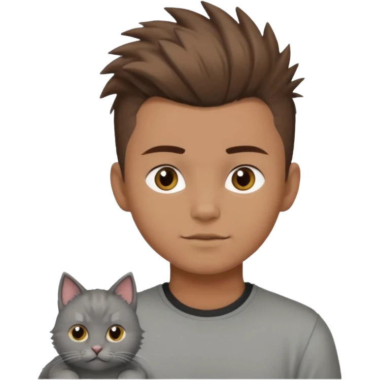 boy with brown hair and light brown skin tone and mohawk and a cat emoji