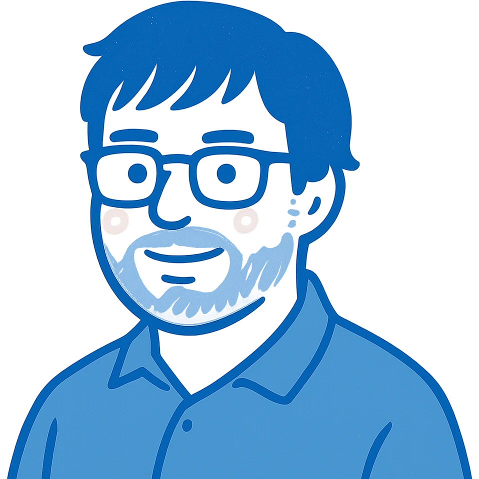 A man with glasses, longer messy hair with bangs, a round face shape but not overweight, a broader nose, and a short fine beard. Using blue colors instead of black for the lines and details. emoji