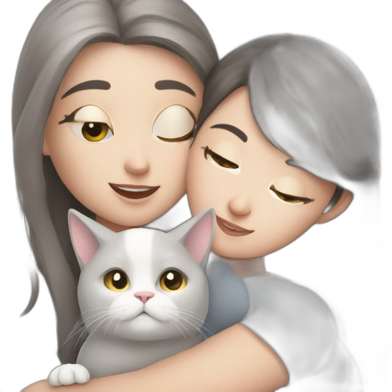 Grey white cat cuddles brunette girl emoji