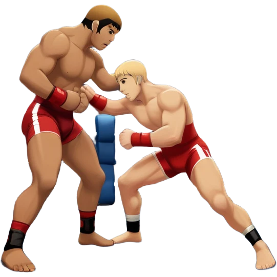 An icon depicting two wrestlers in a grappling stance on the mat, engaged in a fierce combat. One fighter attempts a takedown, while the other resists. The background shows a wrestling arena with bright lights and spectators around the edge of the ring. Transparent background  emoji