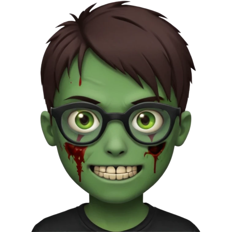 Zombie emo boy, green skin and brown hair and eyes, black glasses and a scary smile with a cut on the side, scars and blood under eyes emoji
