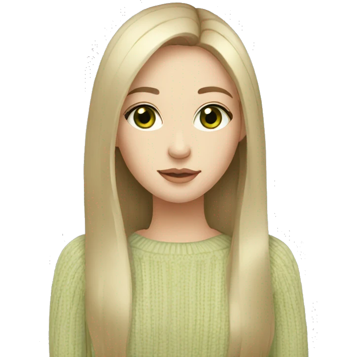 Girl with black straight long hair pale skin light green eyes and beige sweater  emoji