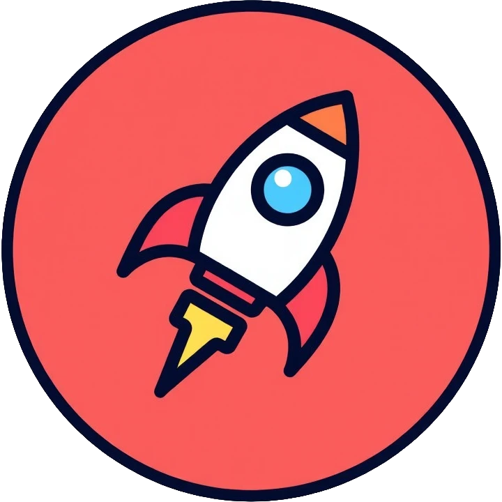 red circular button with rocket ship logo emoji