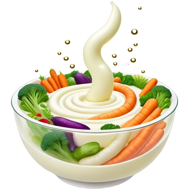 Bowl of glowing white yogurt and colorful fermented vegetables floating around a luminous spiral intestine. Golden bubbles and green particles flow from the intestine, representing beneficial bacteria creating harmony and strengthening immune defenses. emoji