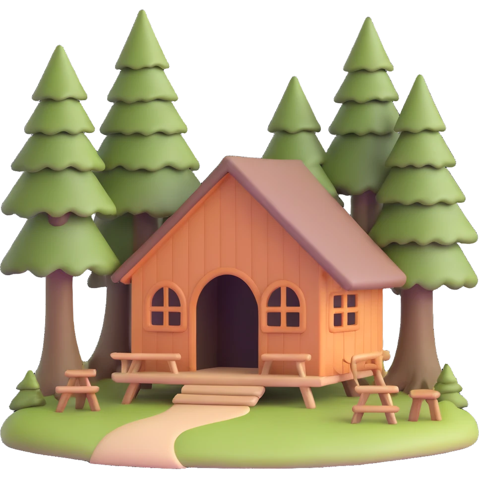 small rustic hut in deep forest surrounded by tall trees emoji