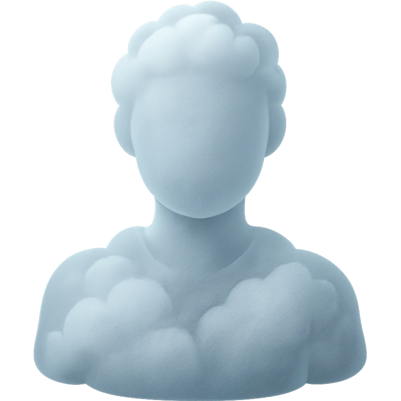 faceless person, facing straight, fully composed of white fluffy convex clouds, shoulders up, no shadows, matte glass style emoji