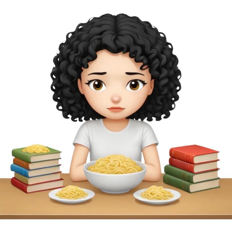 generate a pretty bratz fair skinned girl with curly black hair wearing a white tshirt sitting on a table with noodles and books. looking sleepy and tired emoji
