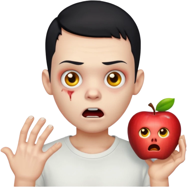 zombie boy with black buzz cut hair and white t shirt, surprised expression, apple style emoji emoji