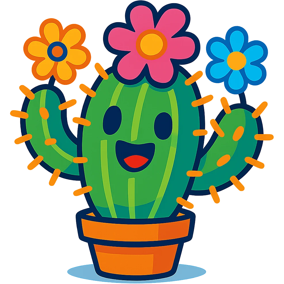 colorful cartoon cactus plant with spines, colorful flowers, happy expression emoji