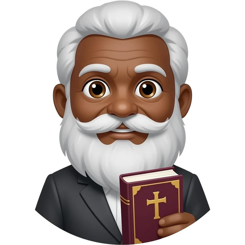 wise old man with grey hair little smile brown eyes white beard black skin with burgundy book that has a cross on it no circle emoji