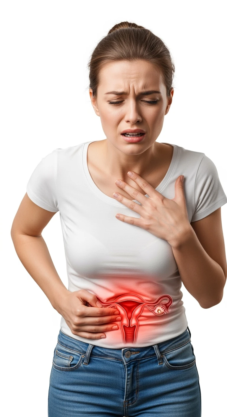 donna con utero umano realistico in evidenza dolorante, espressione di dolore in volto, sfondo bianco, non farla computerizzata, ma iperrealistica 4k emoji
