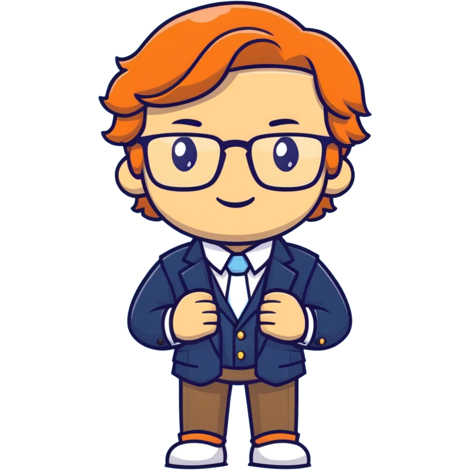 Professional economics channel mascot with shoulder-length wavy light brown hair, rectangular glasses, navy blazer, light blue shirt, empty hands, confident stance emoji