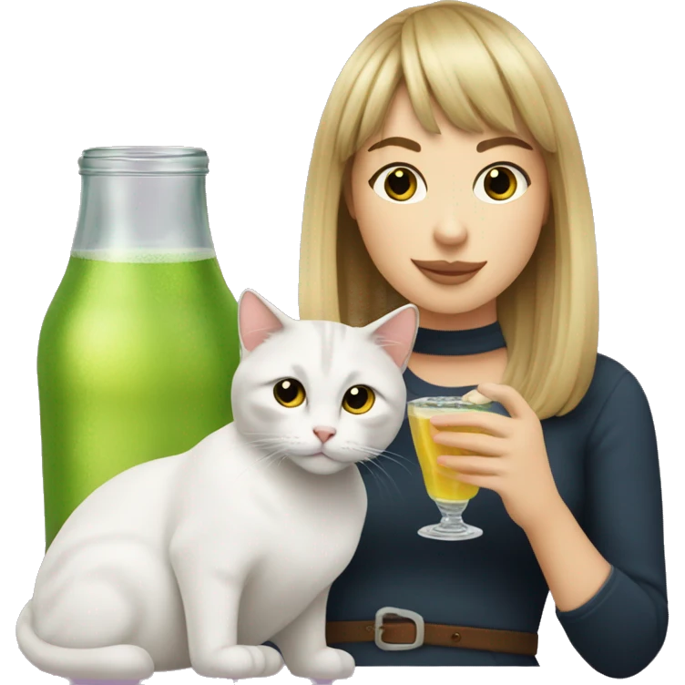 White girl with bangs and a tabby cat drinking cachaca emoji
