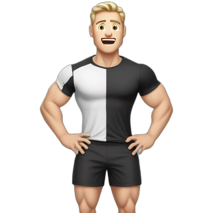 amazed Open with surprise mouth Pale skinned Fit Man With the biceps and dark brown hair in black shirt, gray sports shorts and white Sneakers emoji