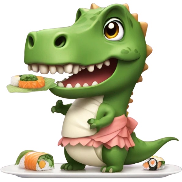 A dinosaur wearing a tutu while eating sushi  emoji
