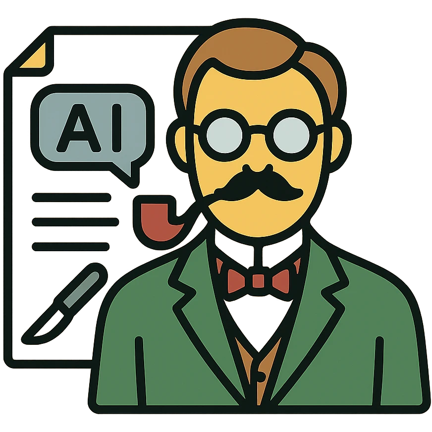 minimalistic icon of a refined scholarly professor with glasses, pipe, elegant suit, exuding intellectual authority and respect, atop a sleek document background with subtle AI messaging interface cues, scalpel motif subtly integrated, vintage European university color palette, evokes technical precision and scholarly elegance emoji