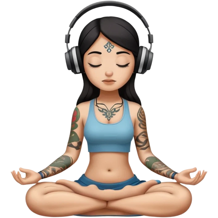 Long nose dark hair girl with tattoo on her neck meditates sitting and there are earphones on her head emoji