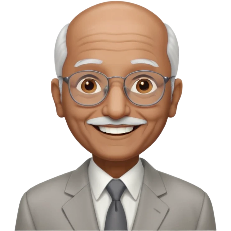 70 yr old indian man, almost bald, some white hair, light grey business suit, big smile, dark brown skin, no moustache, dark brown eyes, glasses
 emoji