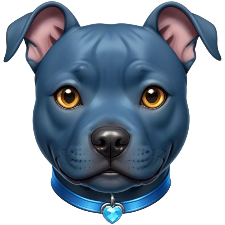 Cinematic Cute Blue Staffordshire Bull Terrier Portrait Emoji, Head tilted playfully and inquisitively, featuring a glossy blue Fur with a healthy sheen, round, sparkling dark eyes filled with curiosity, Simplified yet irresistibly adorable features, highly detailed, glowing with a warm, friendly glow, high shine, affectionate and spirited, stylized with a touch of whimsy, bright and endearing, soft glowing outline, capturing the essence of a mischievous yet loving pup, so playful it feels like it could bound out of the screen and into your arms! emoji